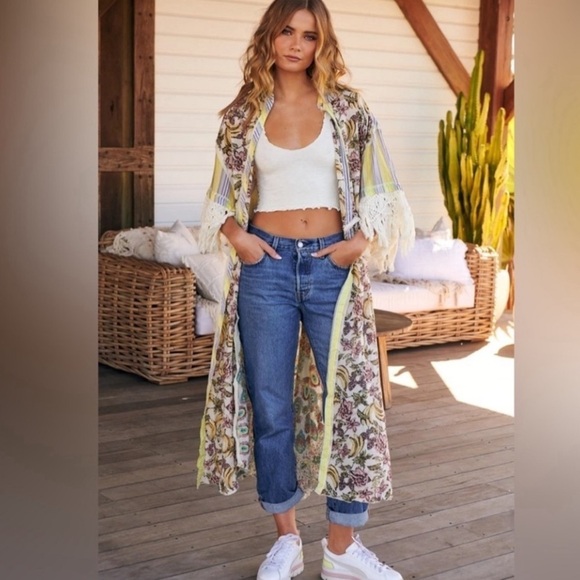 FREE PEOPLE shirt Duster large Watching Waves Maxi Aquamarine Combo NEW - Picture 2 of 15